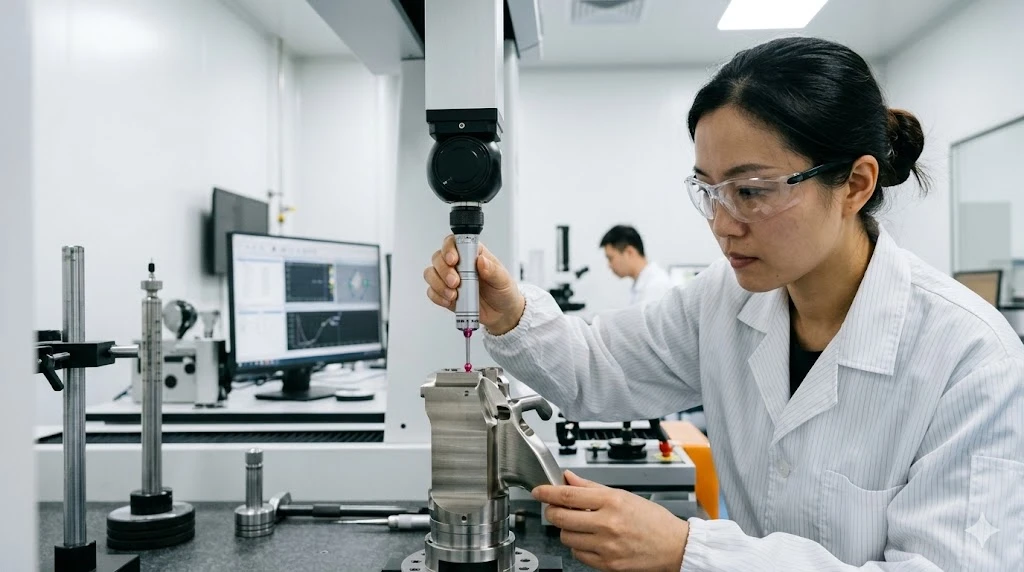 A quality control engineer using a multi-axis coordinate measuring machine to inspect precision medical device components A quality control engineer using a multi-axis coordinate measuring machine to inspect precision medical device components