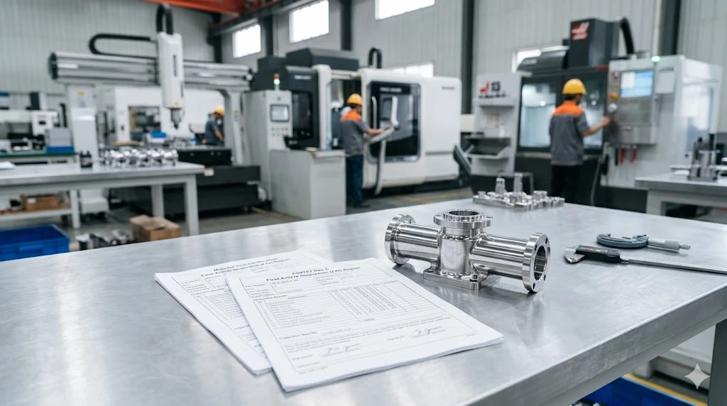 A completed precision CNC machined part presented with its traceable AS9102 first article inspection documentation package A completed precision CNC machined part presented with its traceable AS9102 first article inspection documentation package