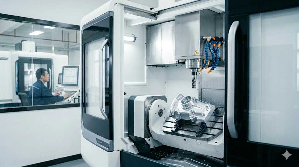 Interior of a 5-axis CNC machining center equipped with through-spindle high-pressure coolant nozzles Interior of a 5-axis CNC machining center equipped with through-spindle high-pressure coolant nozzles