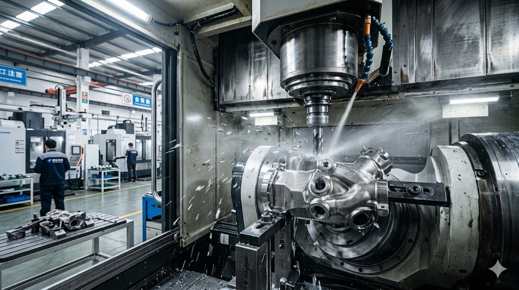 A high-precision 5-axis CNC milling machine machining a complex aerospace titanium bracket under cooling fluid A high-precision 5-axis CNC milling machine machining a complex aerospace titanium bracket under cooling fluid