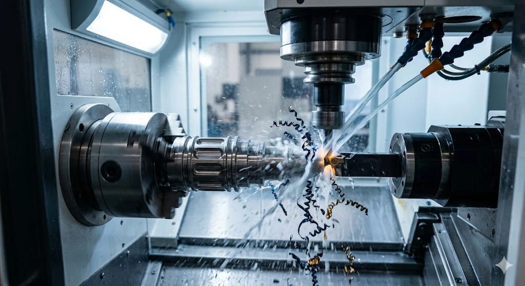 Alt: Titanium Ti-6Al-4V aerospace part being turned on a CNC machine with a high-pressure 70-bar through-spindle coolant system Alt: Titanium Ti-6Al-4V aerospace part being turned on a CNC machine with a high-pressure 70-bar through-spindle coolant system