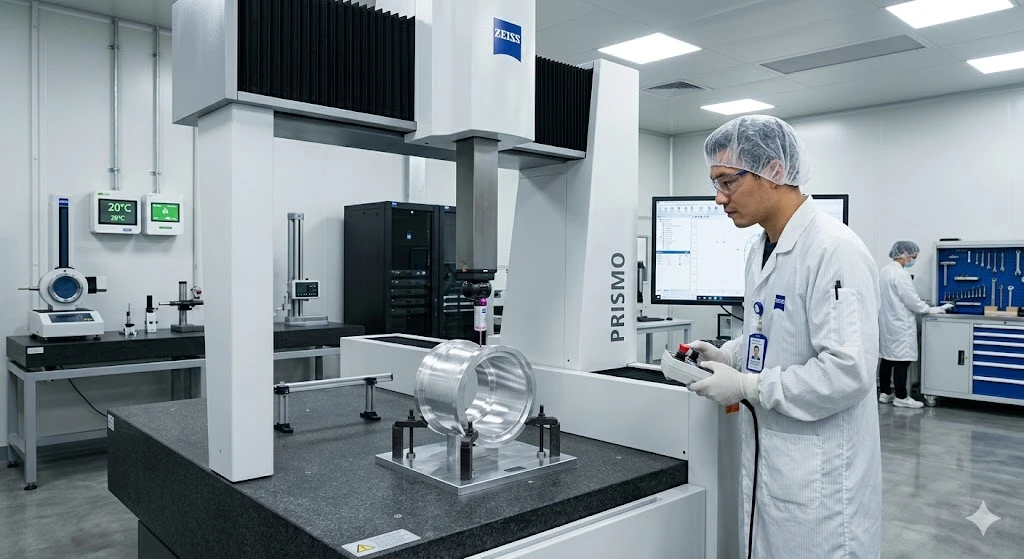Alt: Quality control engineer using a coordinate measuring machine to inspect a high-precision machined aluminum component in a temperature-controlled lab Alt: Quality control engineer using a coordinate measuring machine to inspect a high-precision machined aluminum component in a temperature-controlled lab