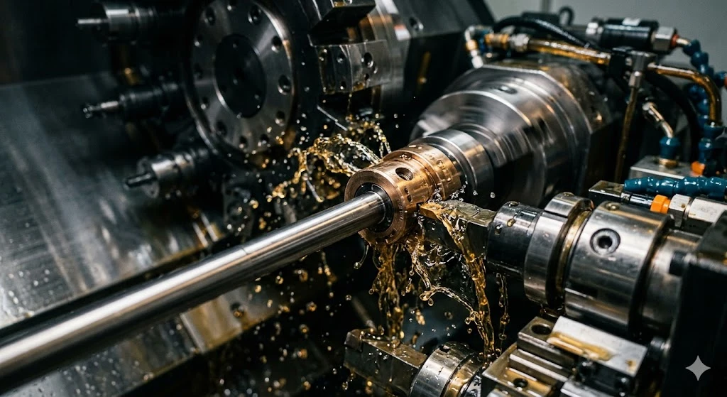 Alt: Swiss turning lathe machining a long slender stainless steel shaft supported by a guide bushing with oil coolant