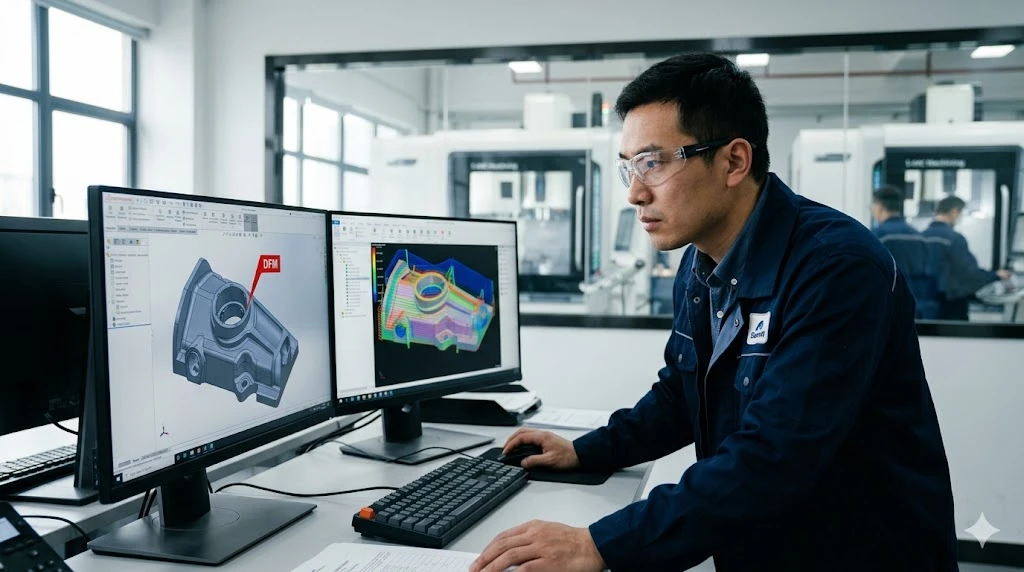 Chinese manufacturing engineer conducting a DFM review on a complex 3D CAD model of an aluminum component