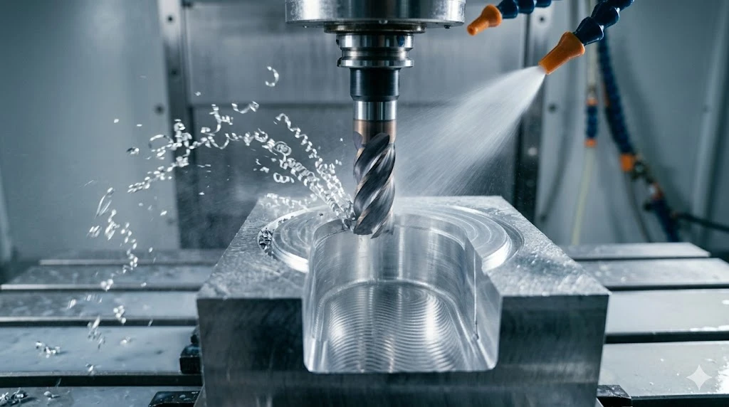 Prompt: A high-end 5-axis CNC machining center with its enclosure door open, revealing a sparkling clean interior. Through-spindle high-pressure coolant nozzles are aimed precisely at a cutting tool. In the soft-focused background, a professional Chinese technician is monitoring the CNC control panel screen showing real-time feed rates and spindle speeds. Bright, modern, ultra-clean manufacturing environment. --ar 16:9