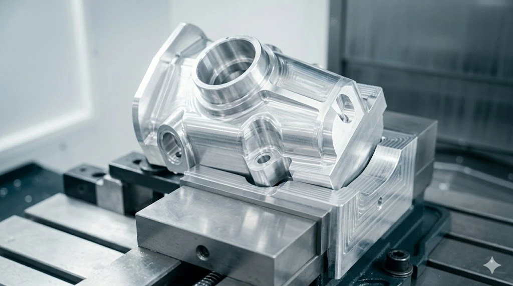 Precision aluminum component clamped in custom-machined soft jaws to prevent deformation during CNC milling