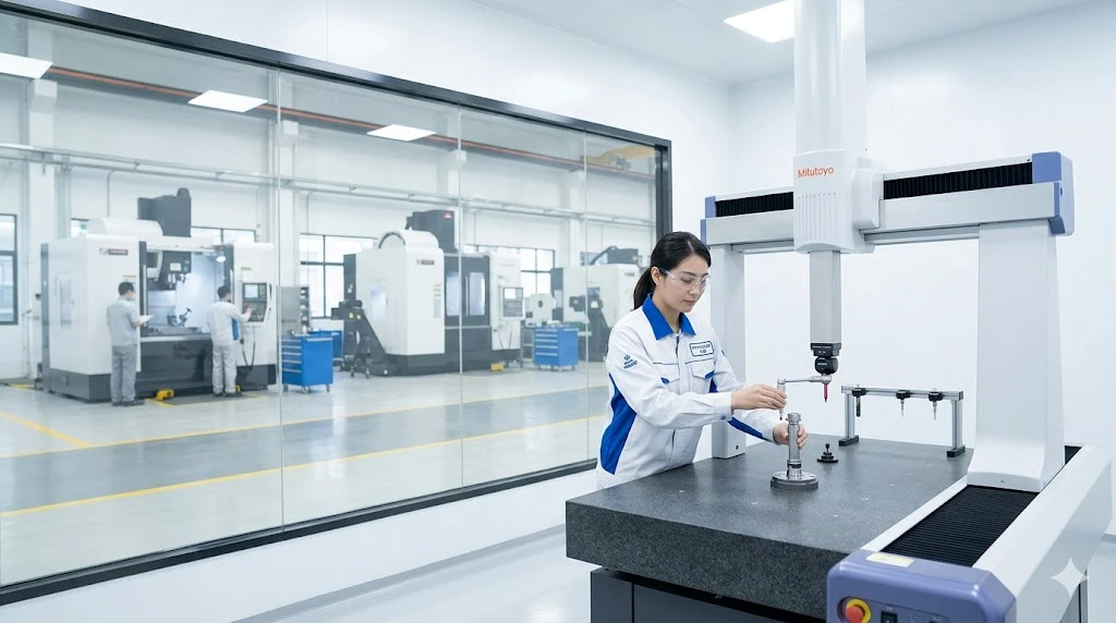 Mitutoyo CMM inspection laboratory with ruby-tipped probe measuring a component at MID precision manufacturing facility